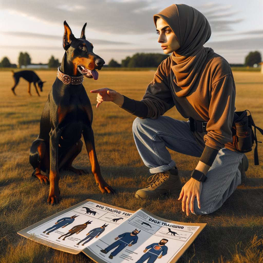 Professional dog trainer teaching Doberman tracking techniques with a step-by-step dog training guide, showcasing the process of enrolling your Doberman in tracking training.