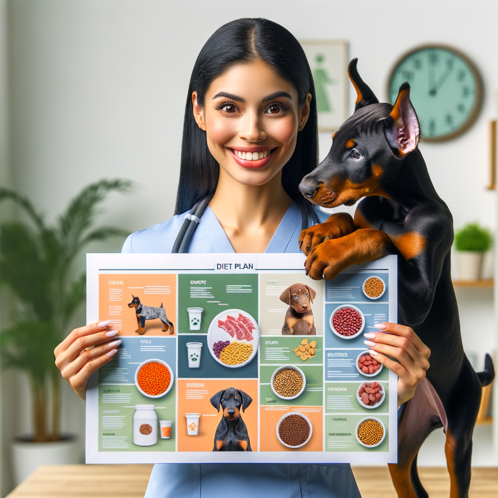 Veterinarian presenting ideal Doberman puppy diet plan and feeding guide, highlighting best food for growth, development, and nutritional needs for a healthy diet.