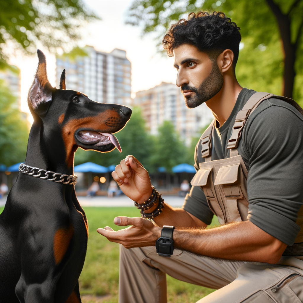 Professional dog trainer demonstrating Doberman socialization age techniques with a puppy and adult Doberman, providing Doberman training tips and emphasizing the best age to socialize Doberman.