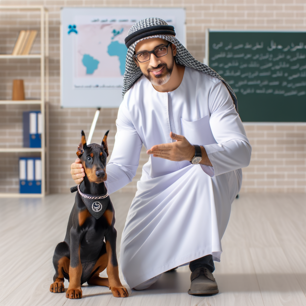 Dog trainer demonstrating advanced Doberman training techniques with a puppy and adult Doberman, highlighting the ideal age for Doberman training and providing Doberman training tips.