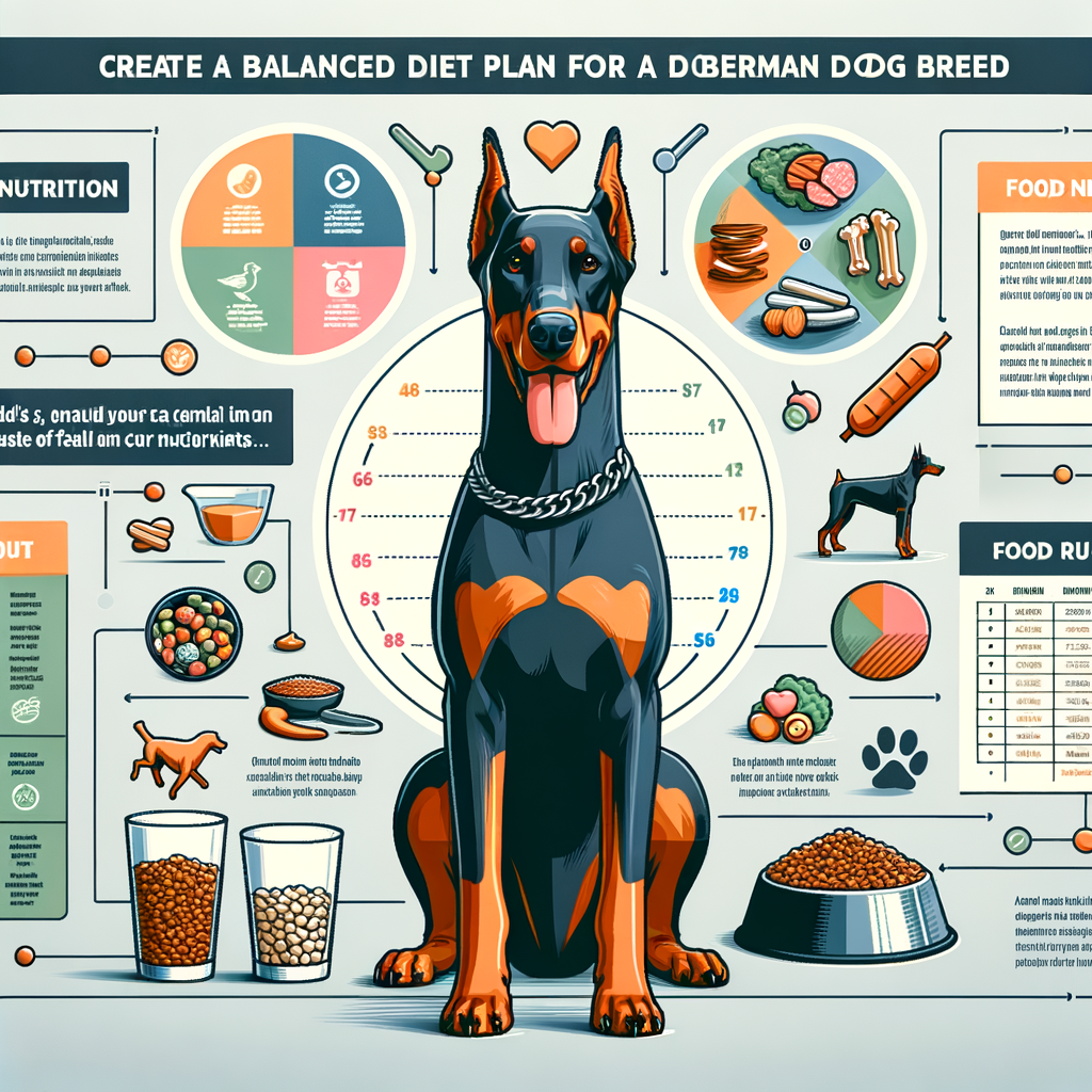 Infographic illustrating a Doberman diet plan with essential nutrients, a Doberman nutrition guide, food requirements, and a healthy Doberman representing the benefits of a balanced diet for Dobermans.