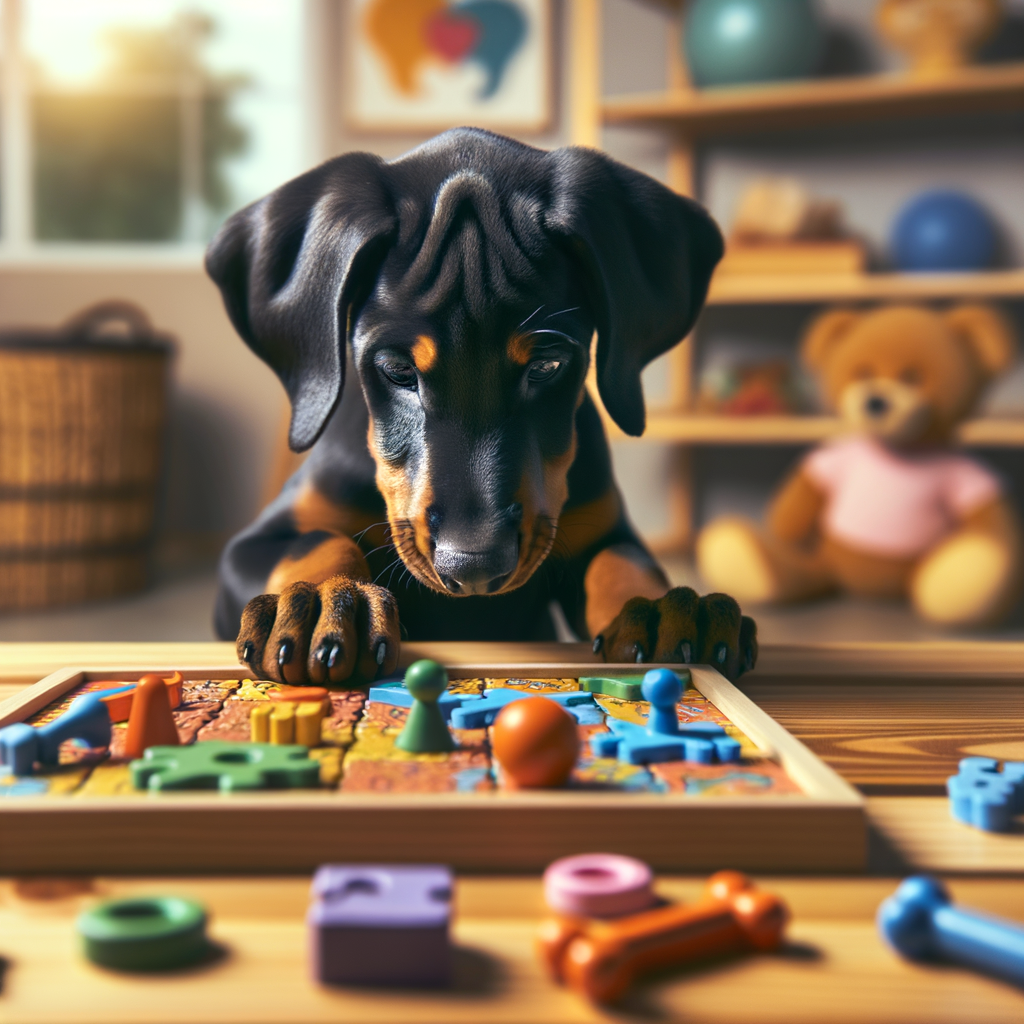 Doberman puppy engaging in a brain game for mental stimulation, showcasing the importance of training, mental exercises, and stimulating activities for Doberman puppy care, development, and behavior.