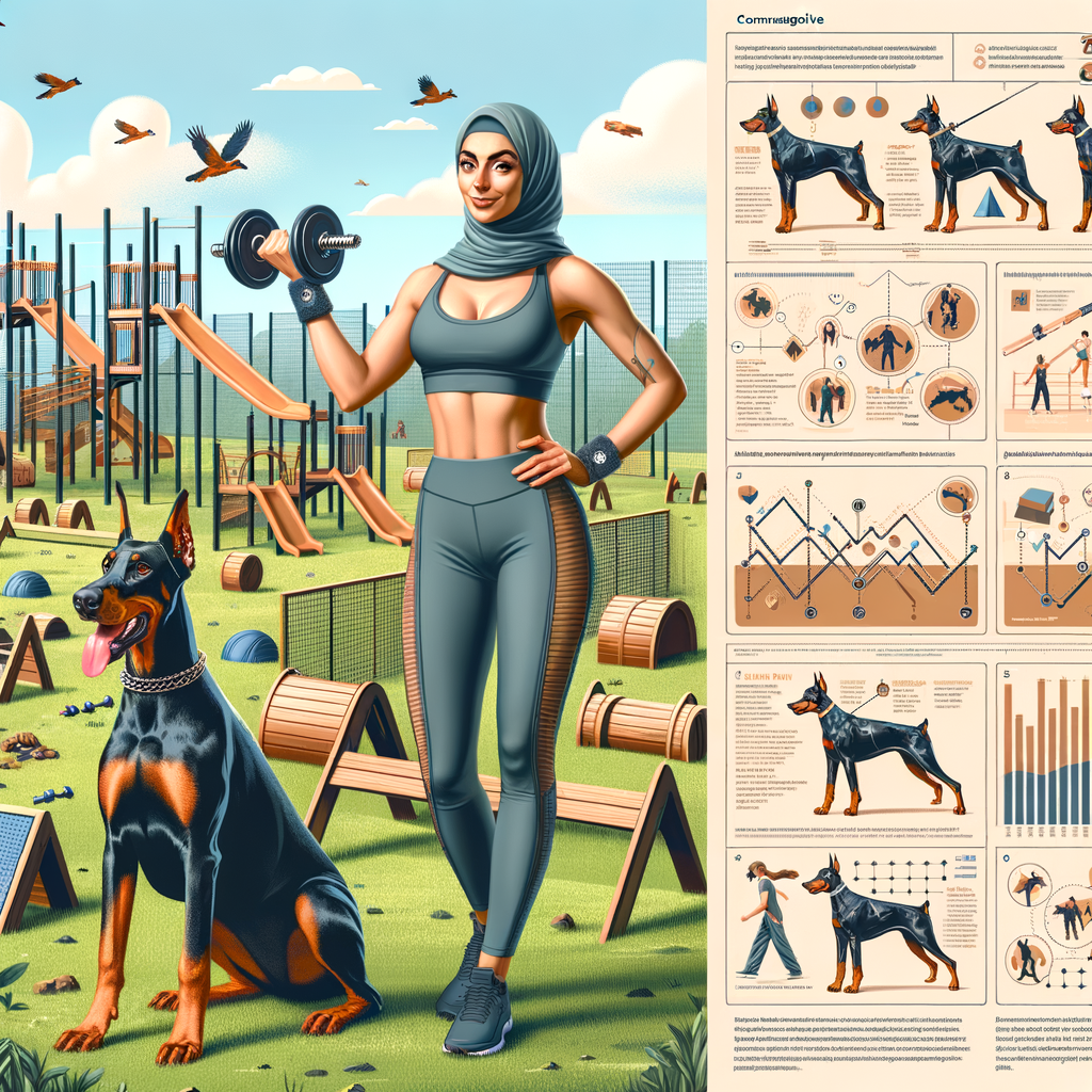 Doberman trainer demonstrating a Doberman workout routine in a dog park, with a visual guide detailing Doberman exercise needs, physical requirements, and tips for maintaining Doberman health and fitness.