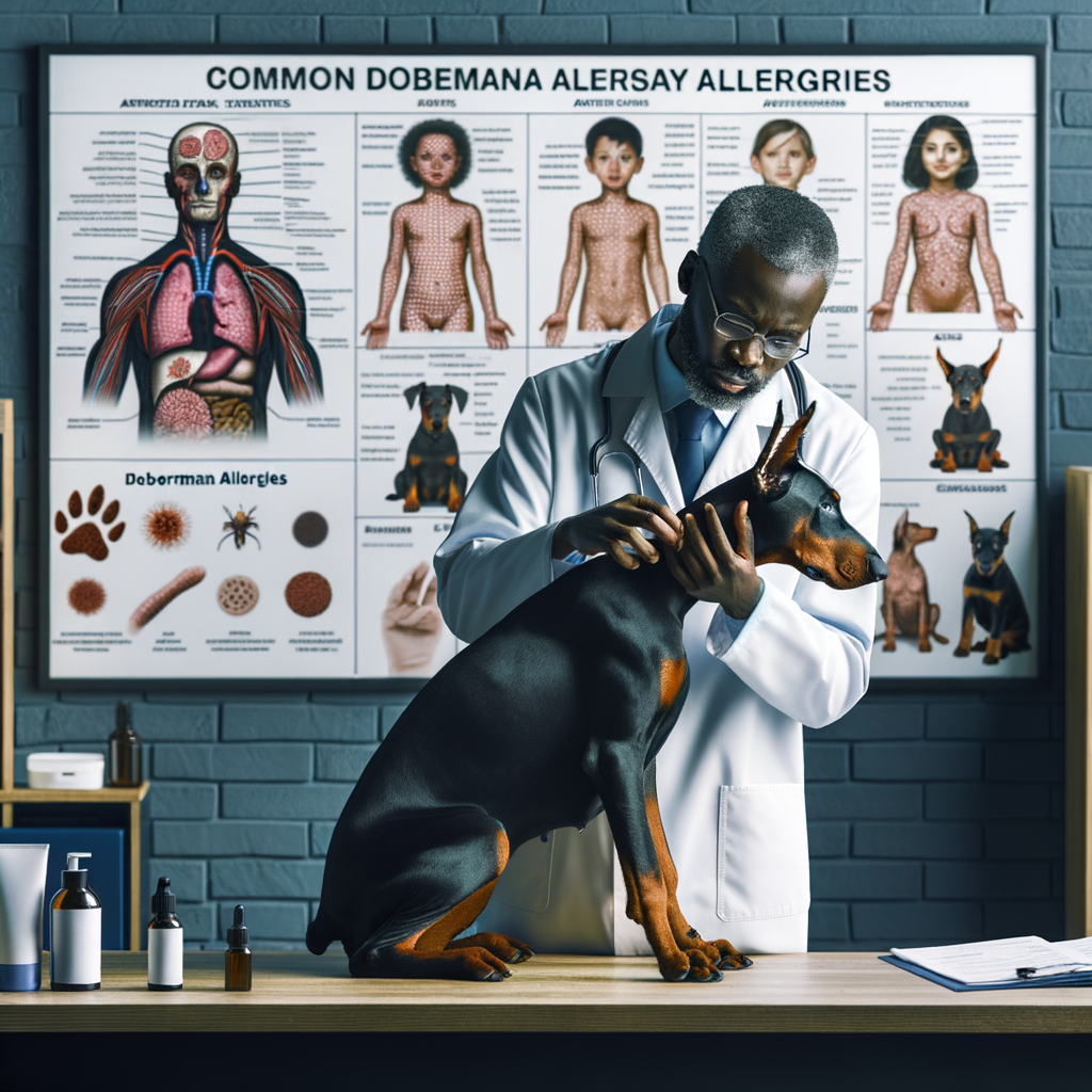 Veterinarian examining Doberman skin allergies, identifying dog allergies, and addressing Doberman allergies with treatments and remedies, demonstrating Doberman skin conditions and allergy symptoms for proper skin allergy care and prevention.