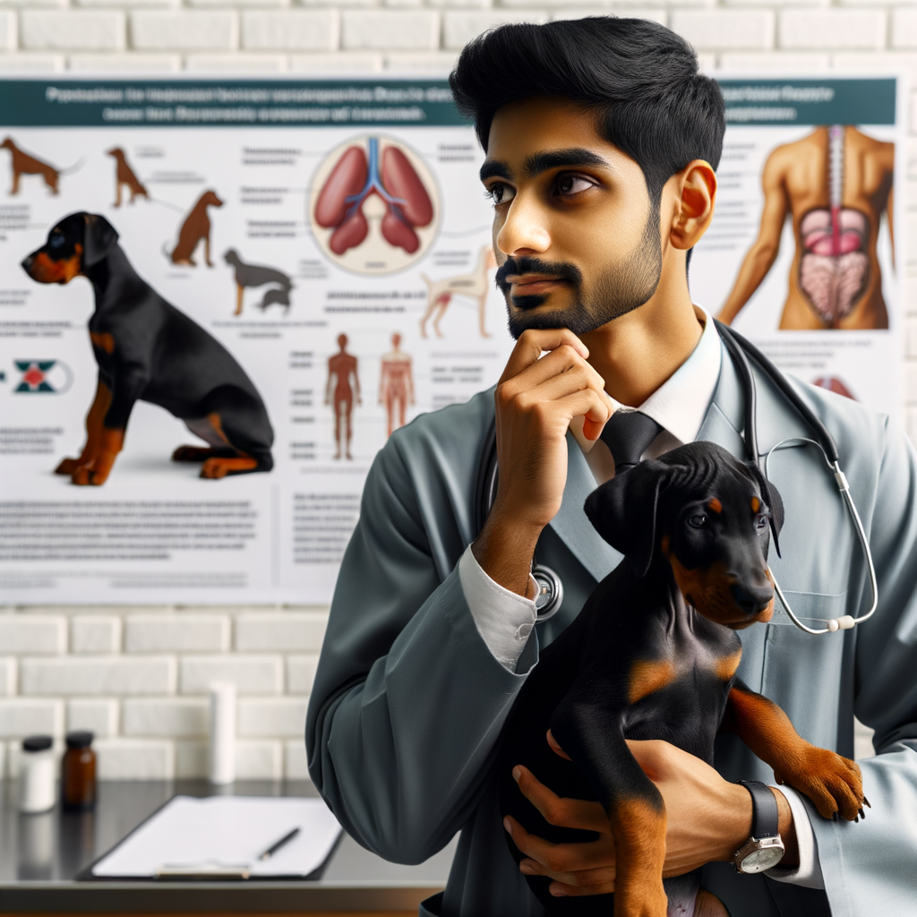 Veterinarian holding a Doberman puppy discussing the necessity of tail docking, with charts explaining the Doberman tail docking practice, reasons, and controversy in the background.