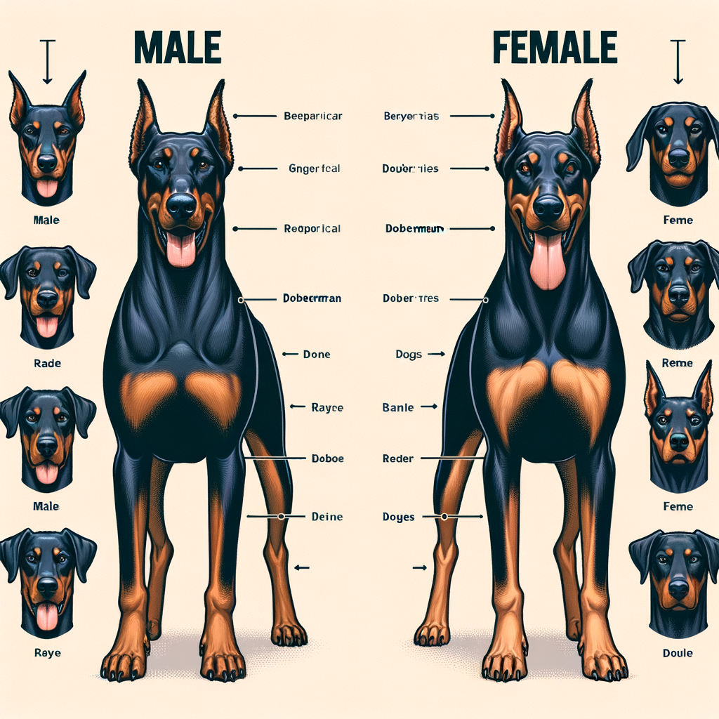 Infographic illustrating Male vs Female Dobermans, highlighting the differences between Male and Female Dobermans traits, and providing understanding of Doberman gender differences for a clear Doberman gender comparison.