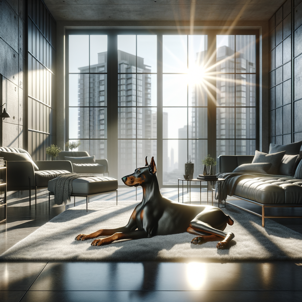 Content Doberman enjoying apartment living, showcasing urban lifestyle with Dobermans in small spaces, providing tips for raising Dobermans in apartments.