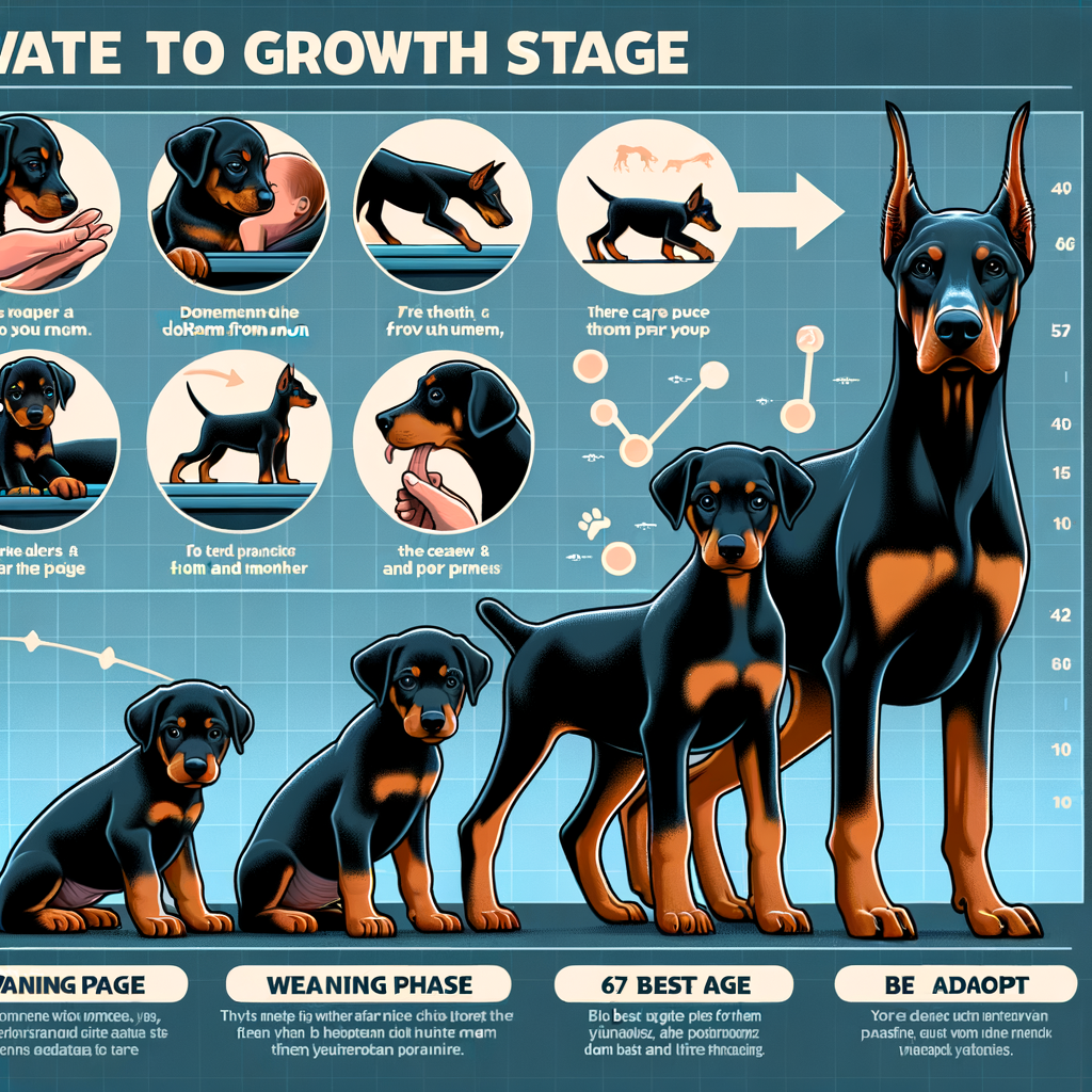 Infographic detailing Doberman puppies growth stages, weaning and maturation age, optimal separation and adoption age, and post-separation care tips.