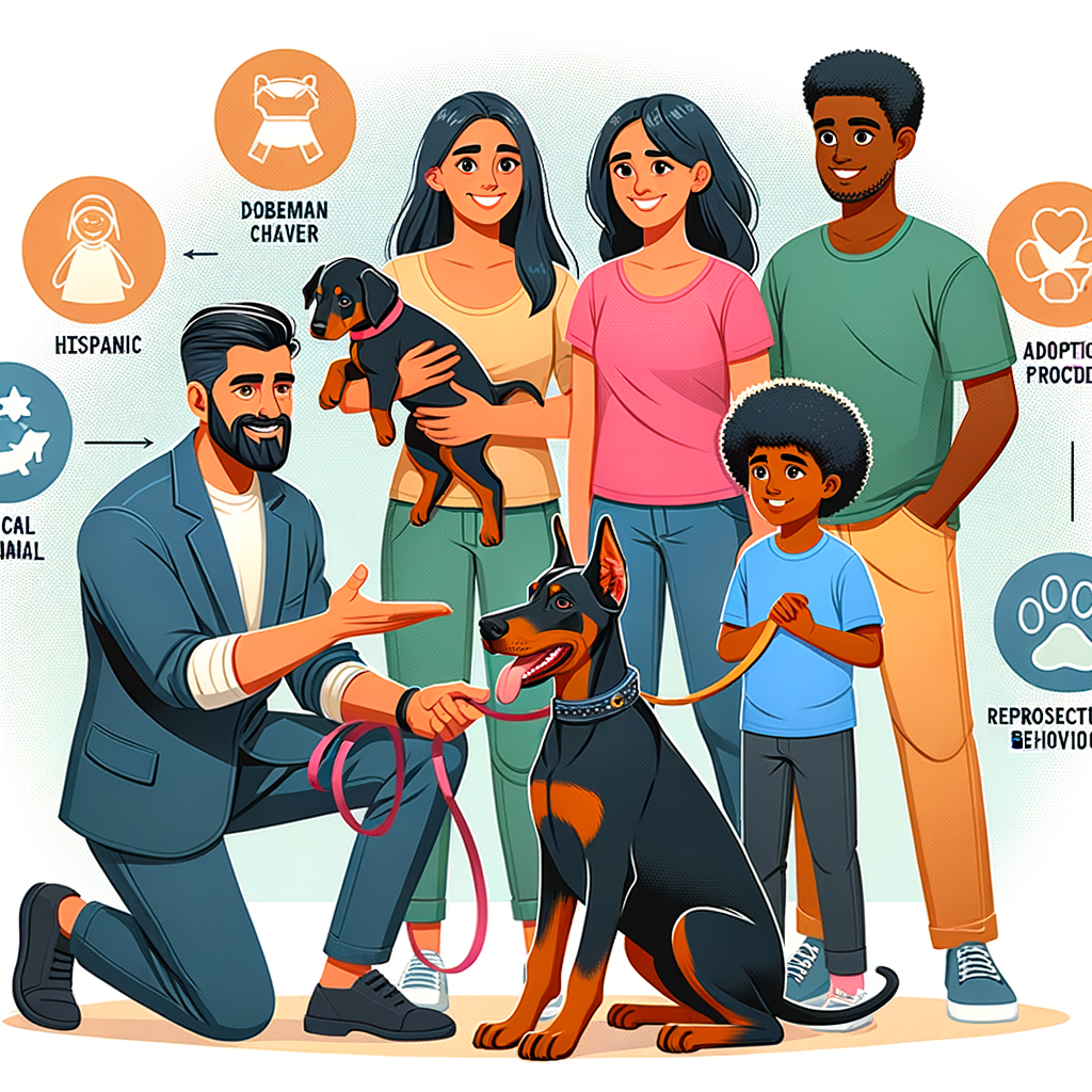 Professional dog trainer demonstrating Doberman puppy training and care, introducing a new Doberman puppy to a happy family, highlighting Doberman puppy behavior and adoption process.